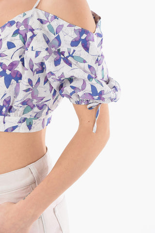 Floral LIZBERIT Silk-blend Cropped Top with Puff Sleeves
