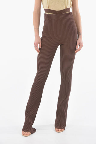 Ribbed High Waist Boot Cut Pants with Cut Out Belt
