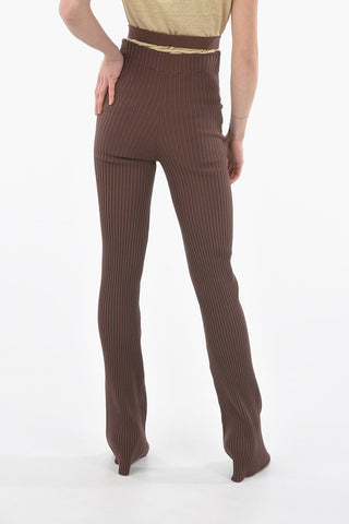 Ribbed High Waist Boot Cut Pants with Cut Out Belt