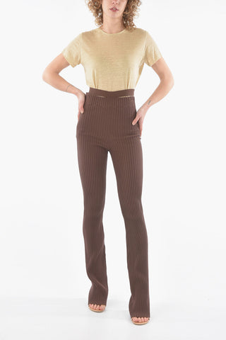 Ribbed High Waist Boot Cut Pants with Cut Out Belt