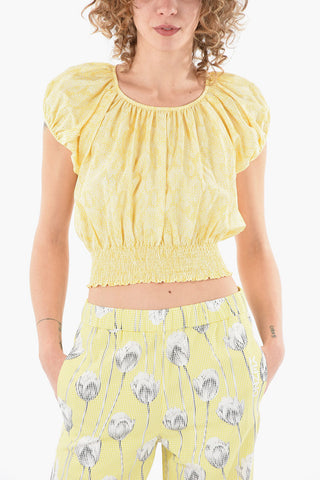 Textured-cotton Puff-sleeved Cropped Top with Draped Detailing