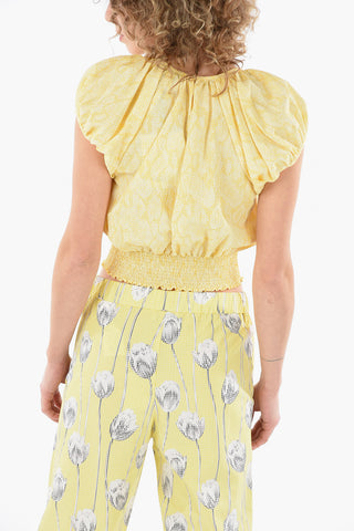 Textured-cotton Puff-sleeved Cropped Top with Draped Detailing