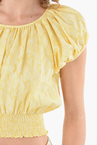Textured-cotton Puff-sleeved Cropped Top with Draped Detailing