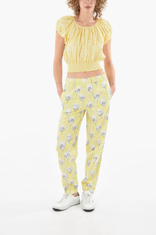 Textured-cotton Puff-sleeved Cropped Top with Draped Detailing