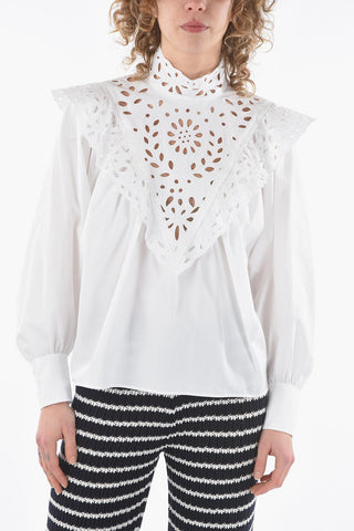 Poplin Cotton Standing-neck Blouse Detailed with Broderie Anglais
