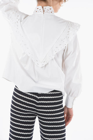 Poplin Cotton Standing-neck Blouse Detailed with Broderie Anglais