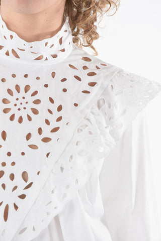Poplin Cotton Standing-neck Blouse Detailed with Broderie Anglais