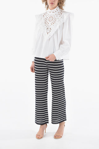 Poplin Cotton Standing-neck Blouse Detailed with Broderie Anglais