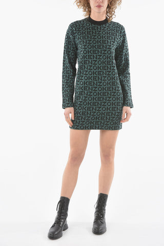 Vestito Attillato a Maniche Lunghe in Jacquard Monogram