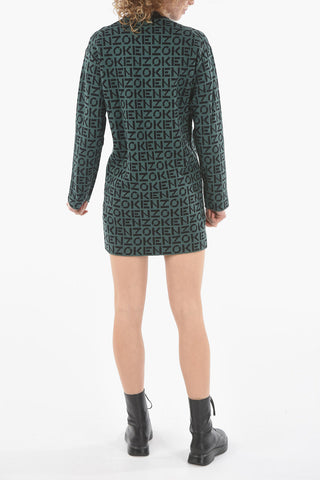 Vestito Attillato a Maniche Lunghe in Jacquard Monogram