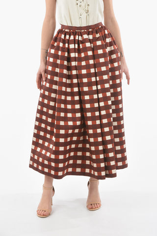 Checkered Print Silk Blend Flared Long Skirt