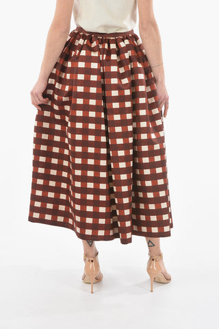 Checkered Print Silk Blend Flared Long Skirt