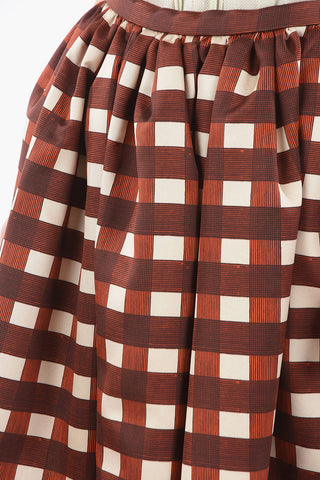 Checkered Print Silk Blend Flared Long Skirt