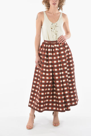 Checkered Print Silk Blend Flared Long Skirt