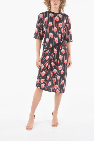 Tulip-printed T-shirt-dress with Asymmetric D-ring Belt