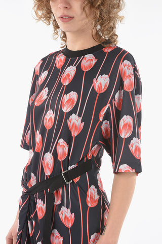 Tulip-printed T-shirt-dress with Asymmetric D-ring Belt