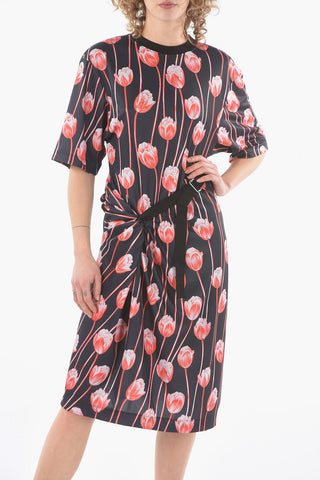 Tulip-printed T-shirt-dress with Asymmetric D-ring Belt