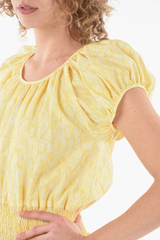 Minicheckered Flared Dress with Waist Drawstring and Short Puff Sleeves