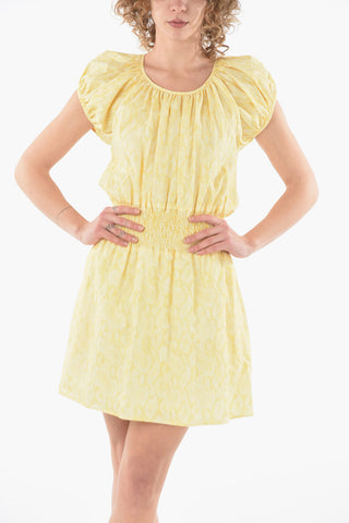 Minicheckered Flared Dress with Waist Drawstring and Short Puff Sleeves
