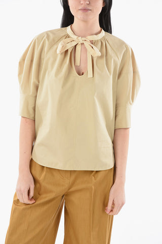 Blusa Tie-neck in Seta e Cotone con Maniche a Sbuffo