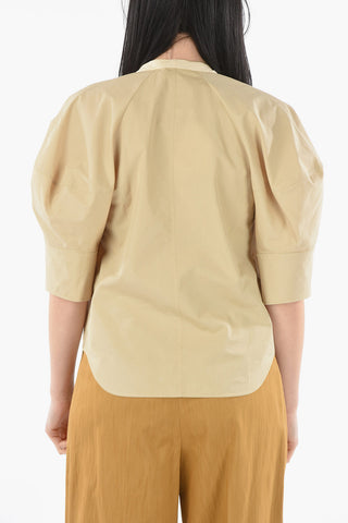 Blusa Tie-neck in Seta e Cotone con Maniche a Sbuffo