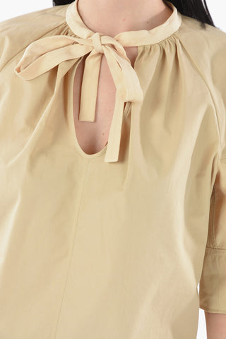 Blusa Tie-neck in Seta e Cotone con Maniche a Sbuffo