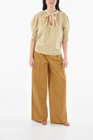 Blusa Tie-neck in Seta e Cotone con Maniche a Sbuffo
