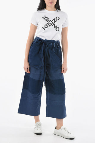 Wide-leg Cropped Pants with Ribbed-velour Detailings