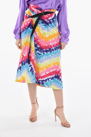 Tye-dye Midi Skirt with Asymmetrical Belt and Gathering Detailing