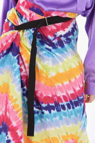 Tye-dye Midi Skirt with Asymmetrical Belt and Gathering Detailing