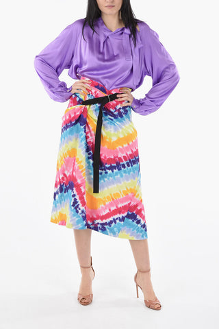 Tye-dye Midi Skirt with Asymmetrical Belt and Gathering Detailing