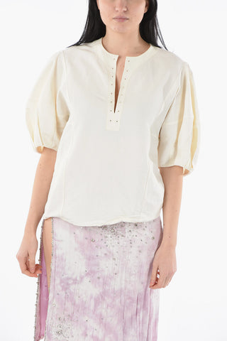 Blusa in Tela di Lino e Seta con Maniche a Sbuffo e Collo a v