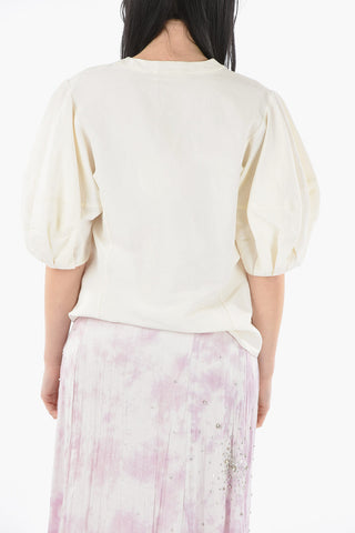 Blusa in Tela di Lino e Seta con Maniche a Sbuffo e Collo a v