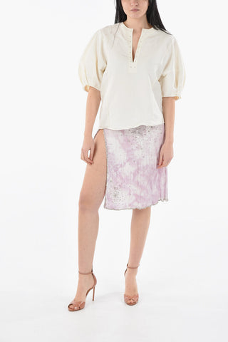Blusa in Tela di Lino e Seta con Maniche a Sbuffo e Collo a v