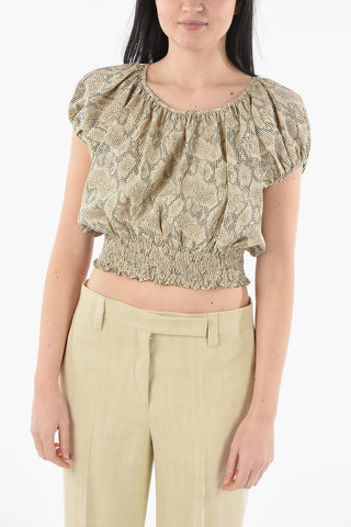 Textured-cotton Puff-sleeved Cropped Top with Draped Detailing