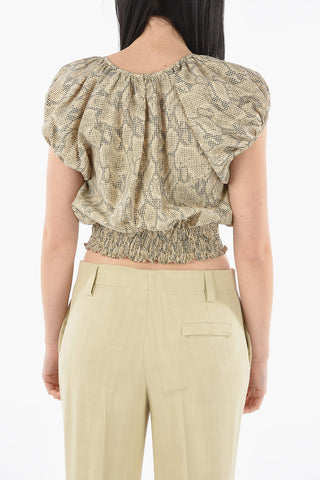 Textured-cotton Puff-sleeved Cropped Top with Draped Detailing