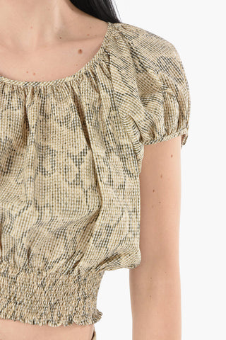 Textured-cotton Puff-sleeved Cropped Top with Draped Detailing