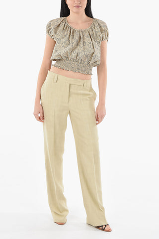Textured-cotton Puff-sleeved Cropped Top with Draped Detailing