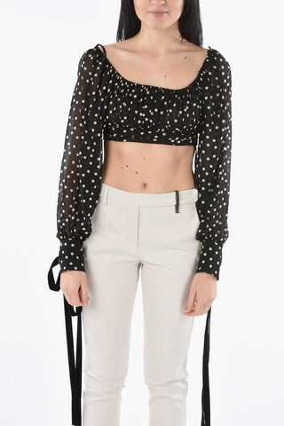 Polka Dots Silk Crop Top with Bow Cuff