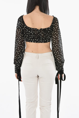 Polka Dots Silk Crop Top with Bow Cuff