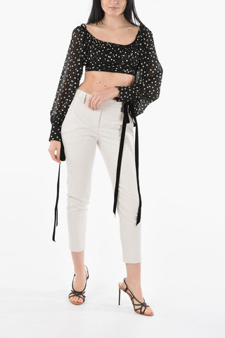 Polka Dots Silk Crop Top with Bow Cuff