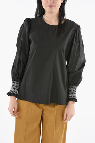 Round Neck Poplin CANYOX Blouse with Embroidered Sleeves