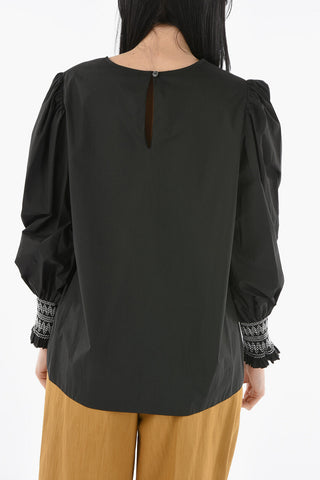 Round Neck Poplin CANYOX Blouse with Embroidered Sleeves