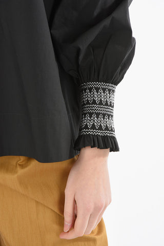 Round Neck Poplin CANYOX Blouse with Embroidered Sleeves