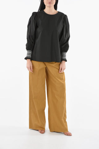 Round Neck Poplin CANYOX Blouse with Embroidered Sleeves