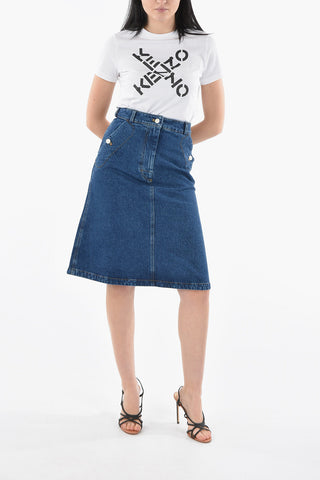 Denim High-waisted Midi Skirt with Logo