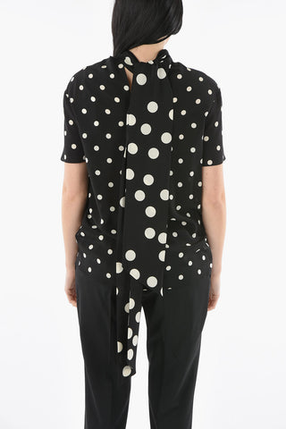 Ribbon Neckline Silk Short Sleeved Top