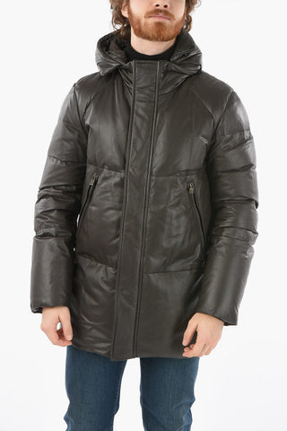 Hiden Closure Leather Down Jacket with Hood