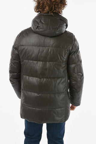 Hiden Closure Leather Down Jacket with Hood