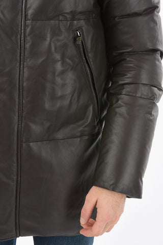 Hiden Closure Leather Down Jacket with Hood